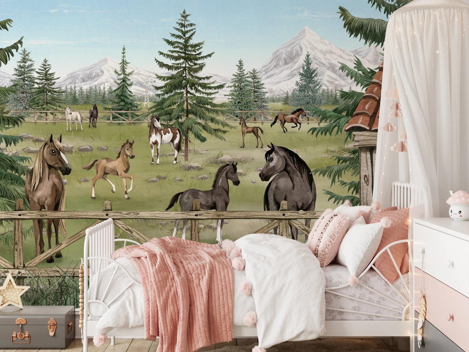 Horse Haven Wall Mural behind a white bed with pink bedding and a canopy.