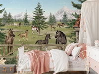 Horse Haven Wall Mural behind a white bed with pink bedding and a canopy.