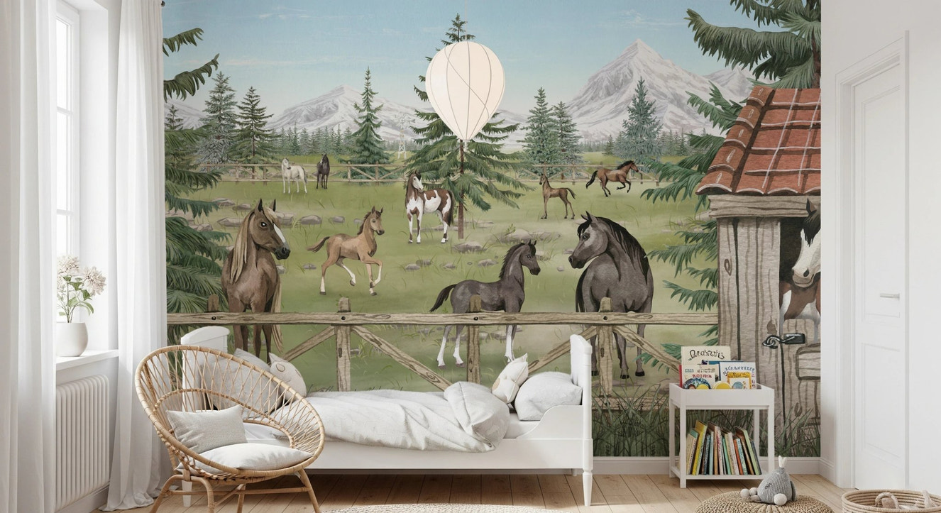 Horse Haven Wall Mural in a child's bedroom with a white wooden bed and orb pendant light.