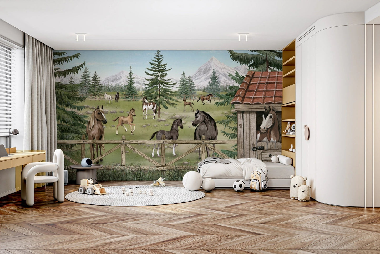 Horse haven landscape wall mural in a bright bedroom with a wooden desk area.
