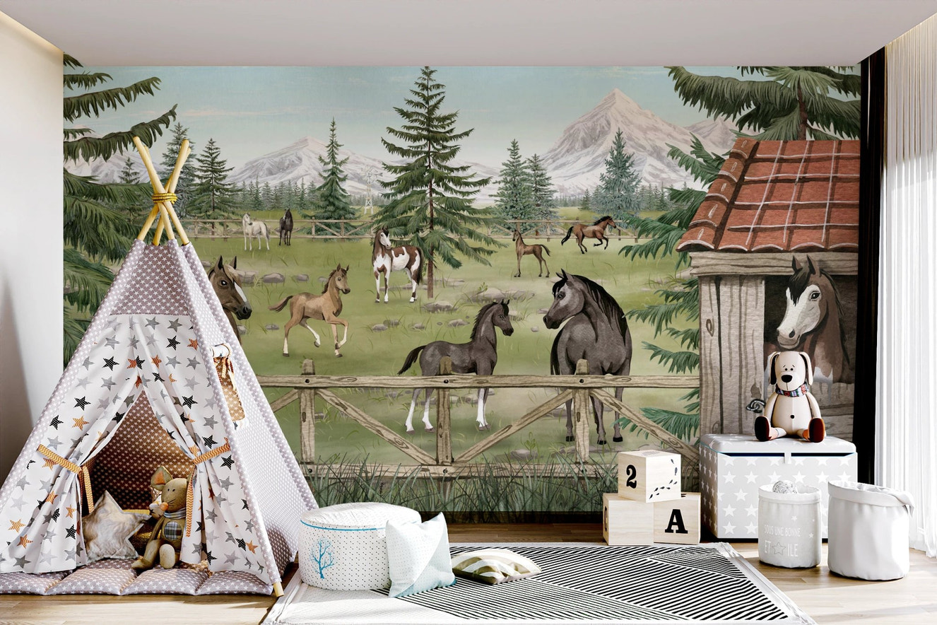 Horse themed wall mural with a play tent and mountain landscape background.