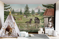 Horse themed wall mural with a play tent and mountain landscape background.