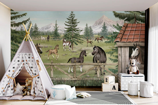 Horse themed wall mural with a play tent and mountain landscape background.