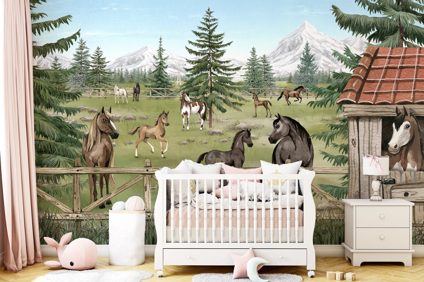 Animal farm wall mural showing horses behind a fence in a nursery with a white crib.