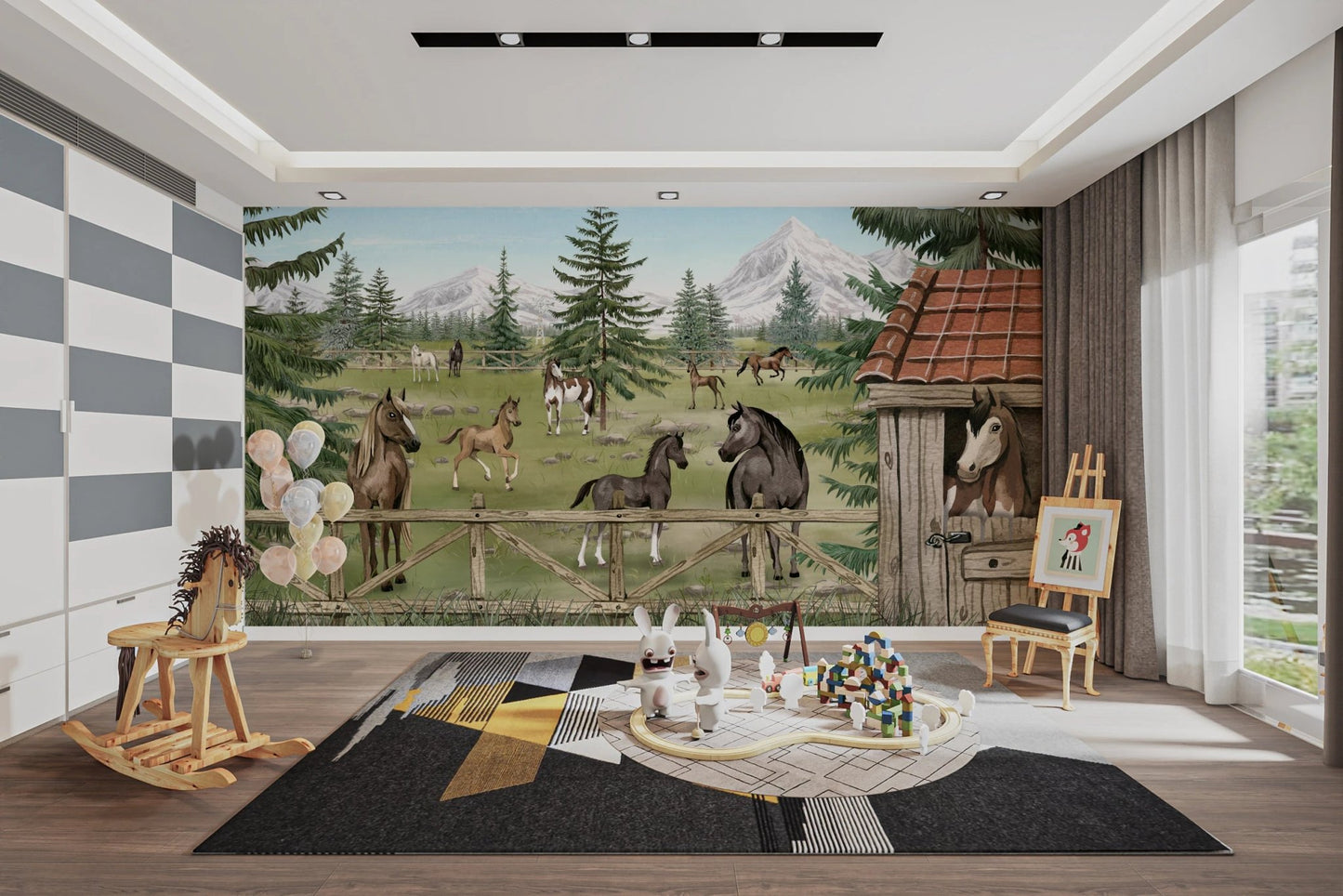 Large mountain and horse wall mural in a modern playroom with a black patterned rug.