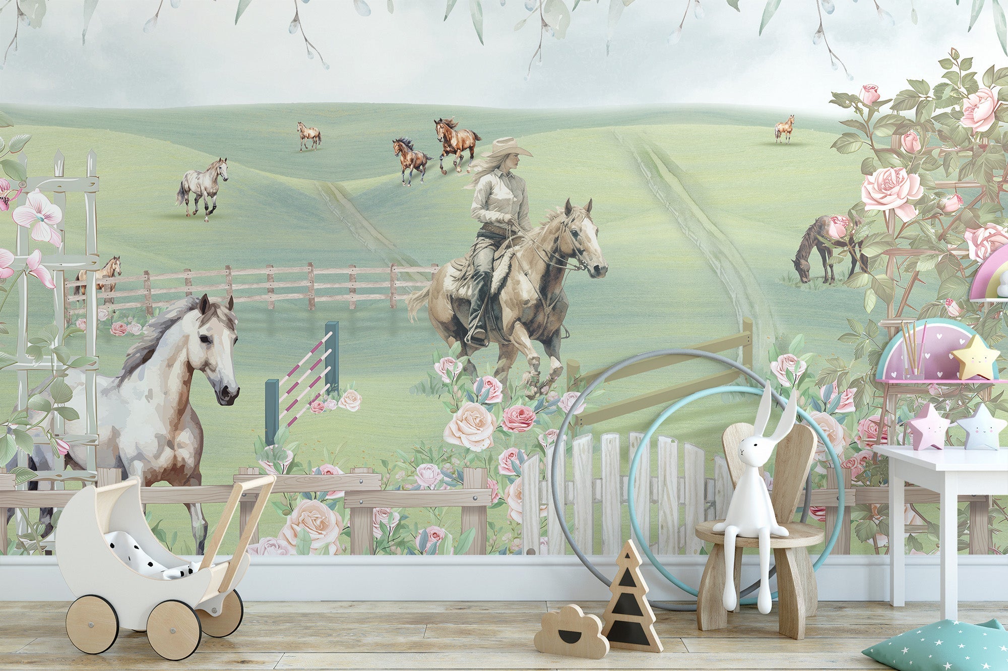 Horse riding adventure wall mural with green meadow wallpaper scene.