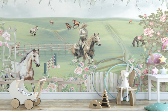 Horse riding adventure wall mural with green meadow wallpaper scene.