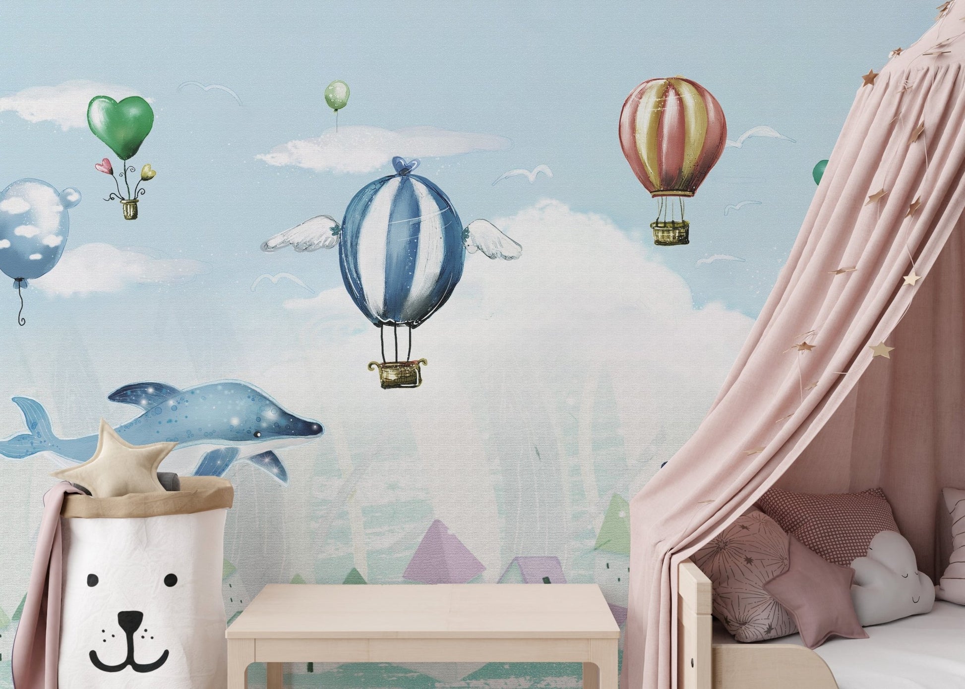 Vibrant kids room wall mural with hot air balloons and white clouds.
