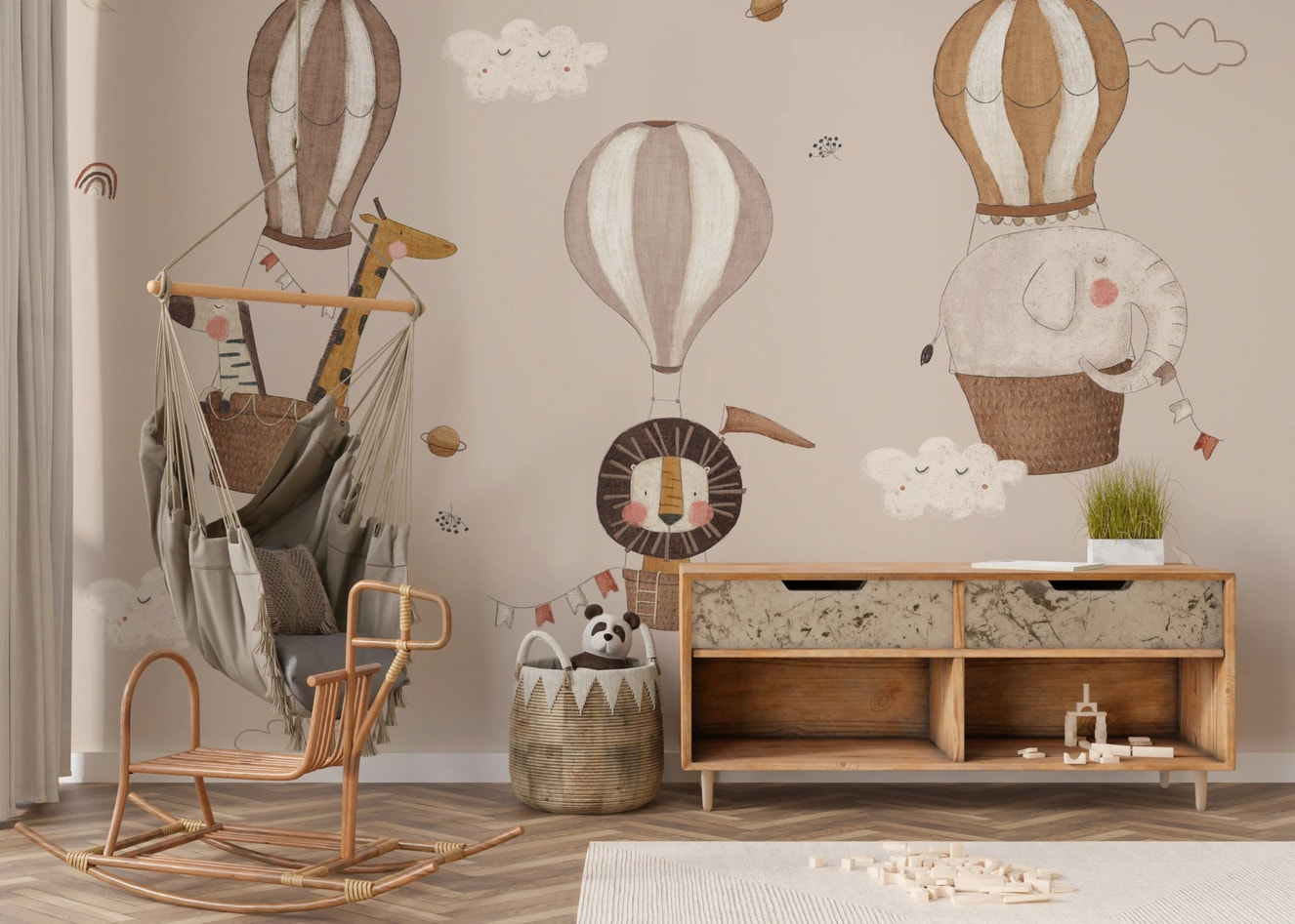 A safari themed wallpaper featuring large floating balloons.