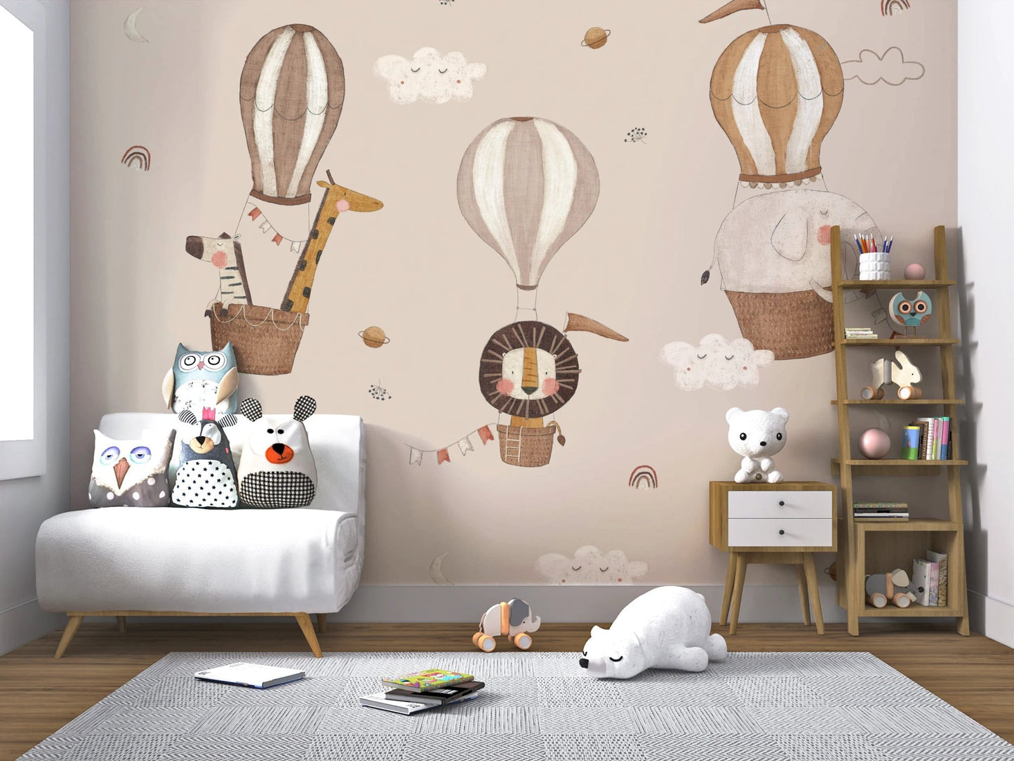 Artistic wallpaper showing hot air balloons over a savannah.