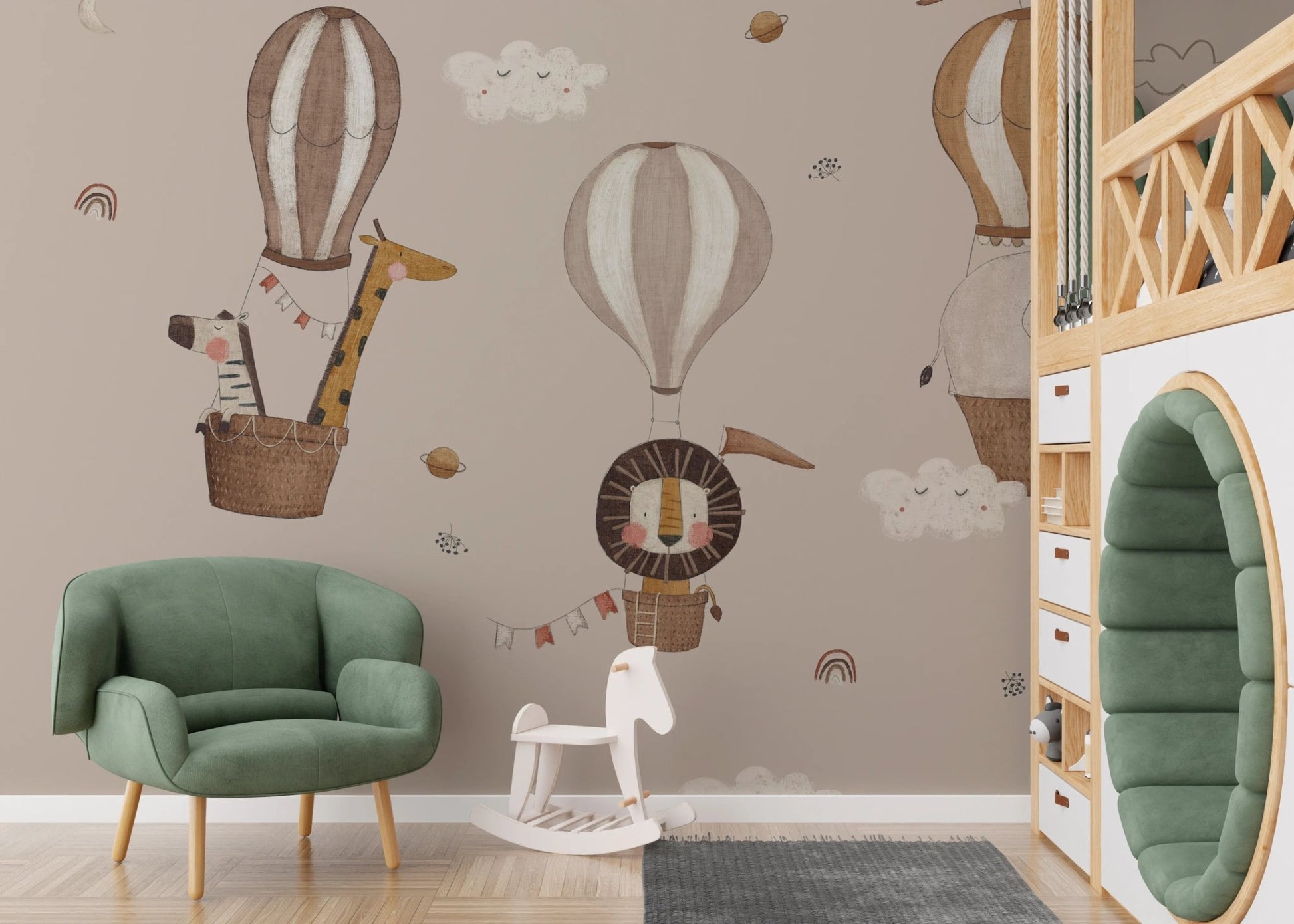 Soothing beige wallpaper with vintage aviation safari elements.