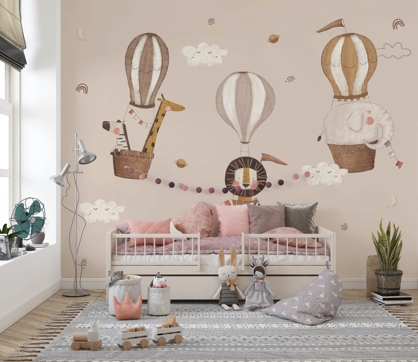 Hand-painted style hot air balloon safari wall mural for walls.