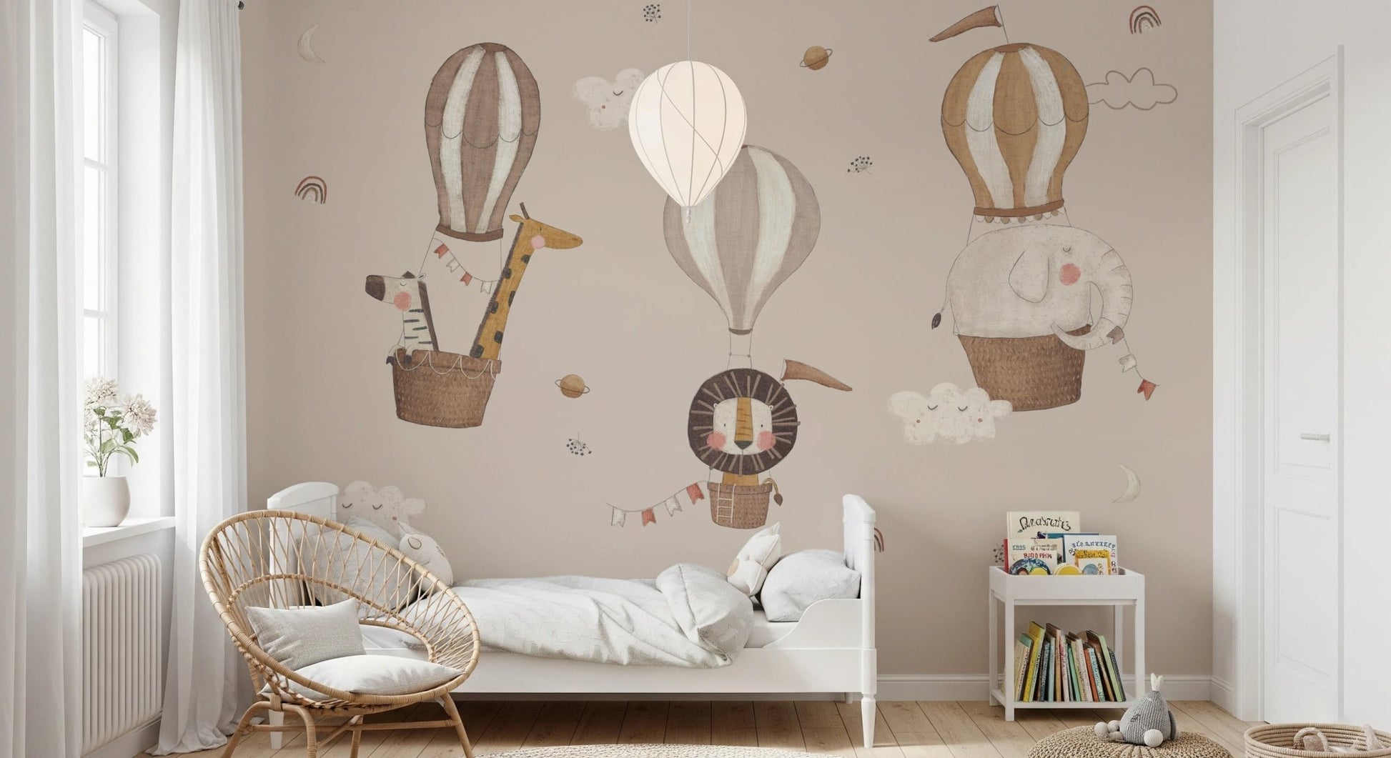 Soft blue and beige safari themed wall mural for interiors.