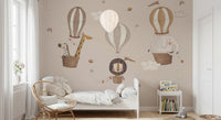 Soft blue and beige safari themed wall mural for interiors.