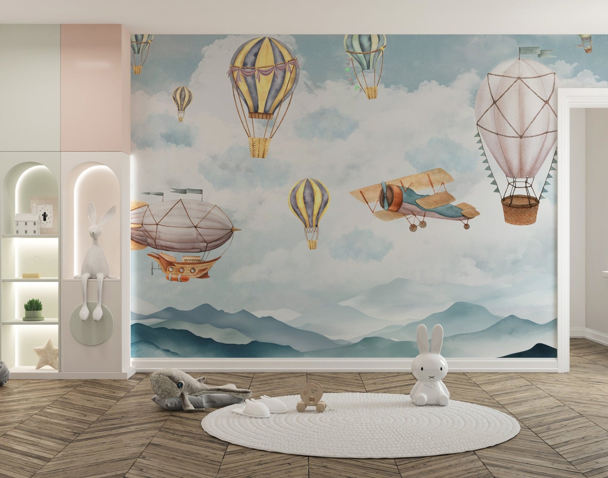 Dreamy sky wallpaper with floating balloons and misty mountains.