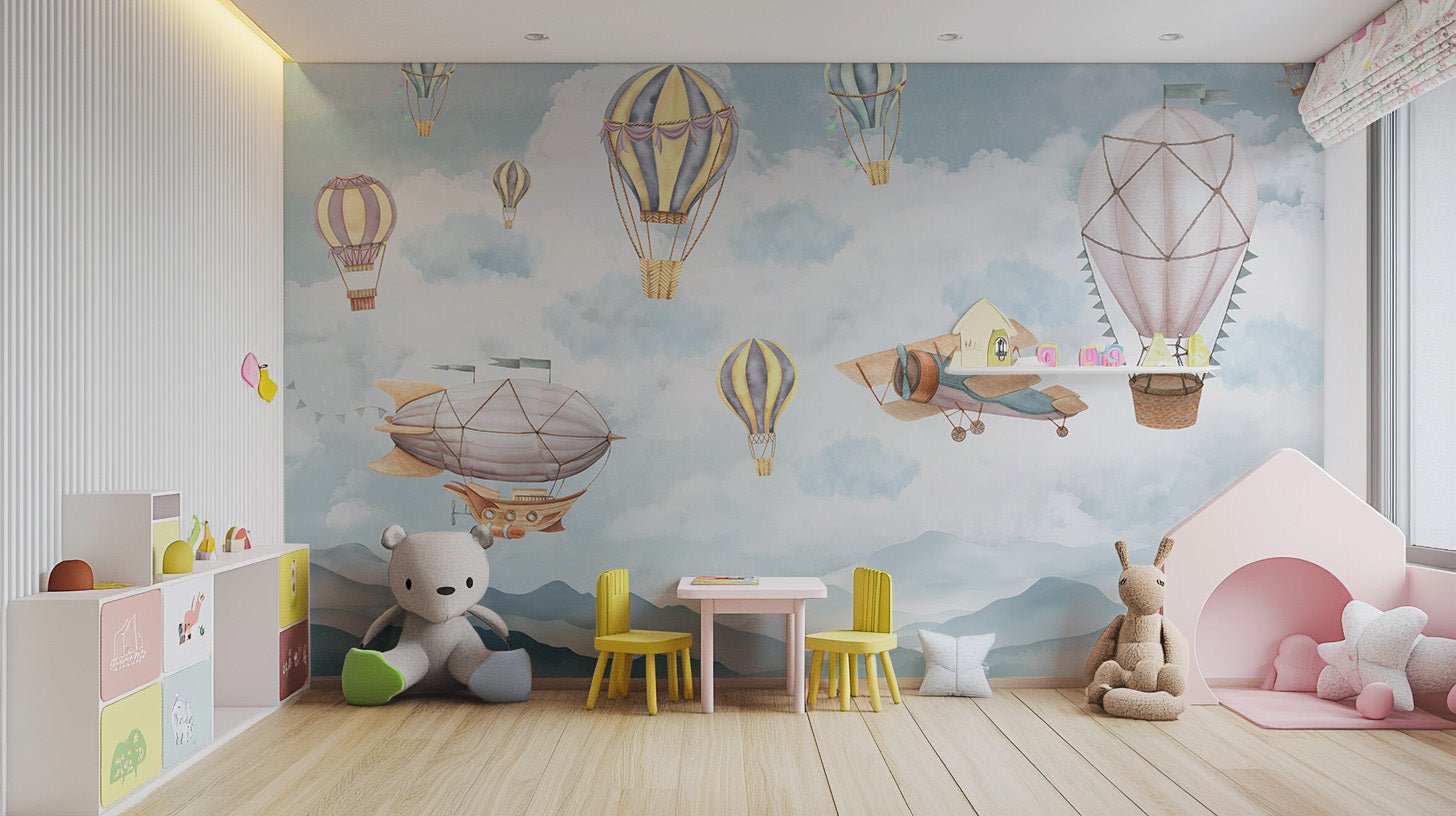 Scenic mountain and balloon wallpaper in soft pastel shades.