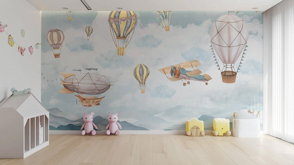 Hot air balloon wallpaper mural with pastel sky and mountain view.