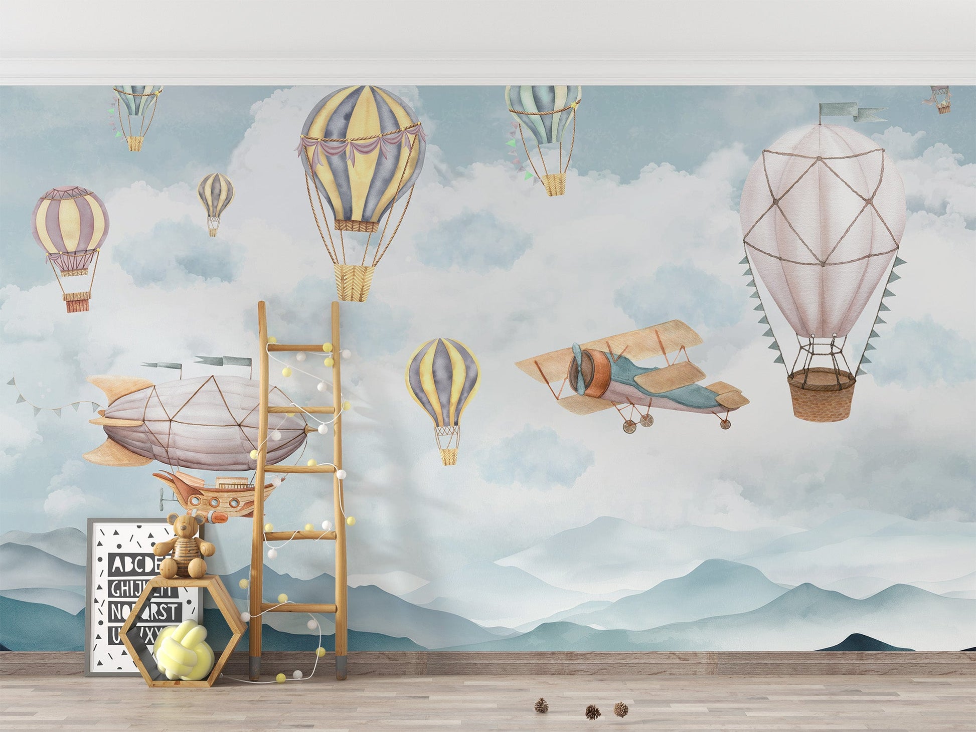 Soft blue sky wall mural with striped balloon illustration.