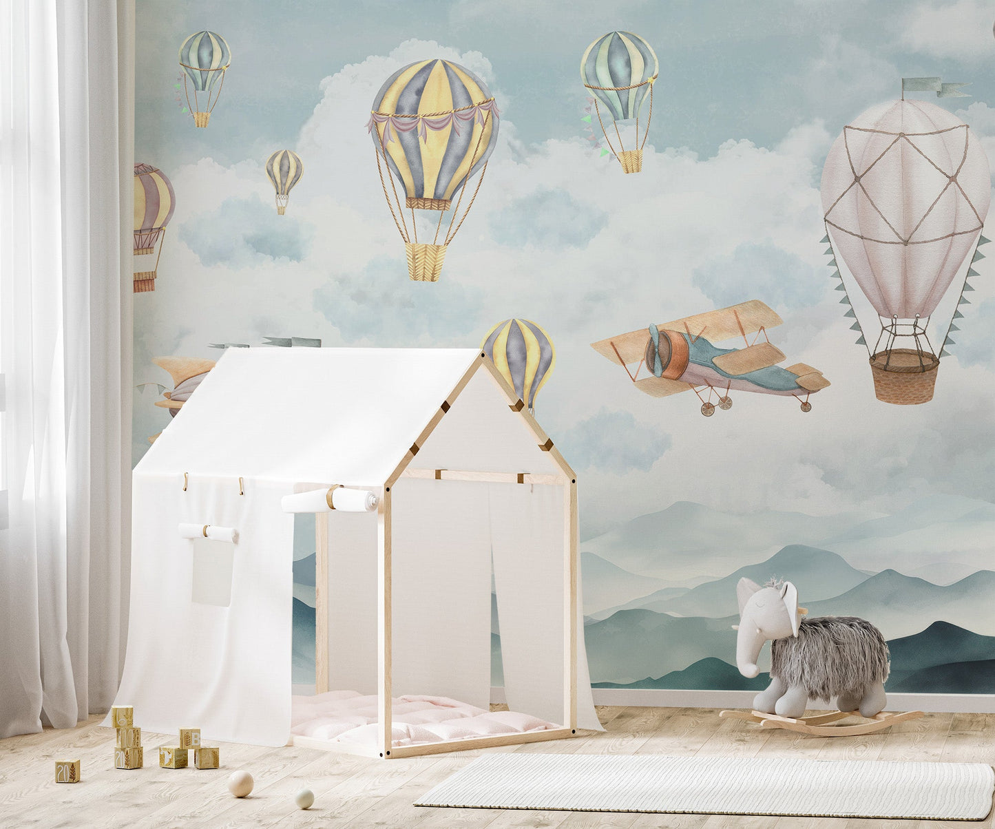 Classic hot air balloon wall mural in muted modern colors.