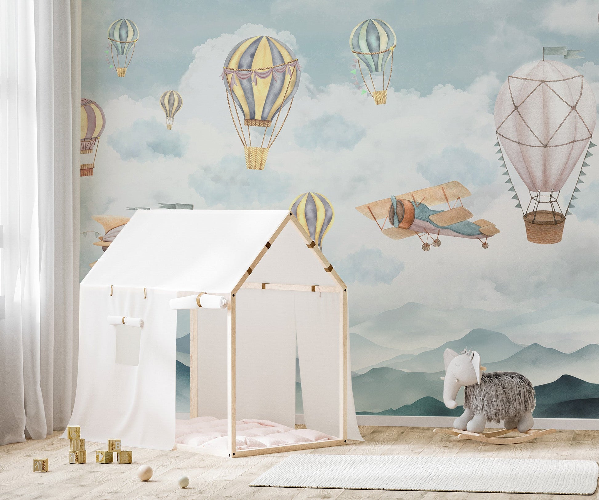 Classic hot air balloon wall mural in muted modern colors.