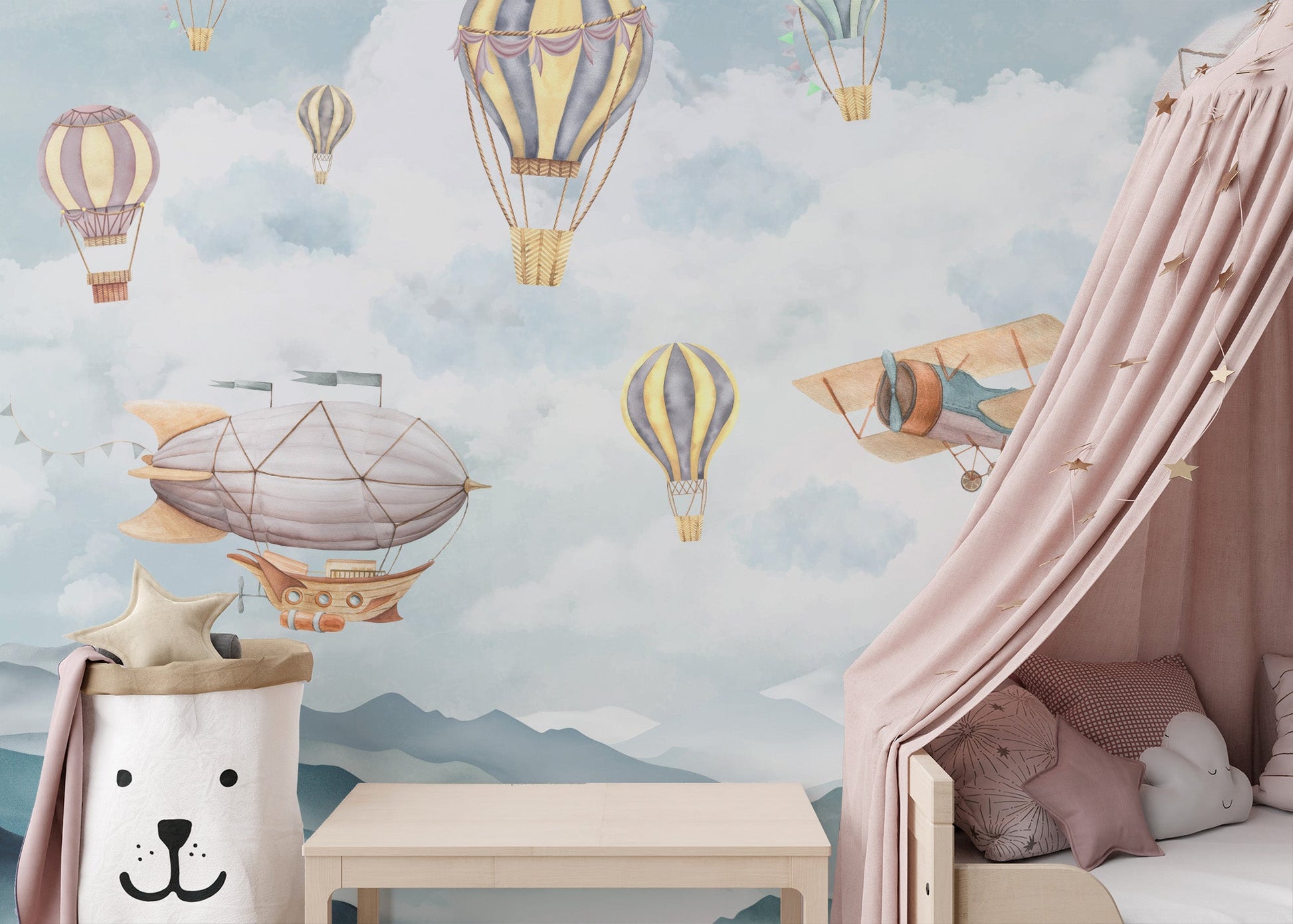 Decorative balloon wallpaper with airship and landscape art.