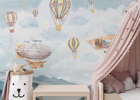 Decorative balloon wallpaper with airship and landscape art.