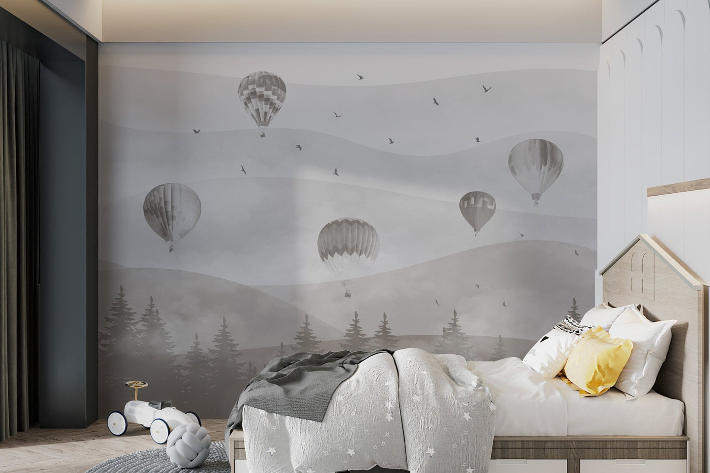 Vintage style hot air balloon wall mural in a large bedroom interior space.