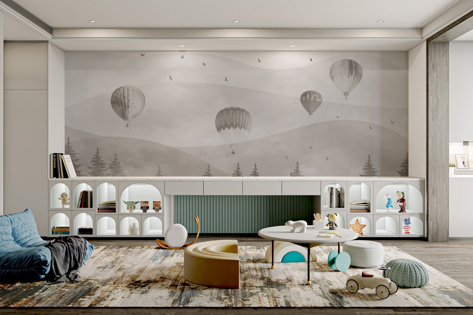Minimalist brown forest wall mural with flying balloons for kids play area.