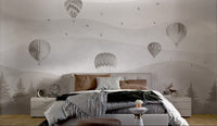 Hot Air Balloons Dusty Brown Forest Wall Mural for bedroom.