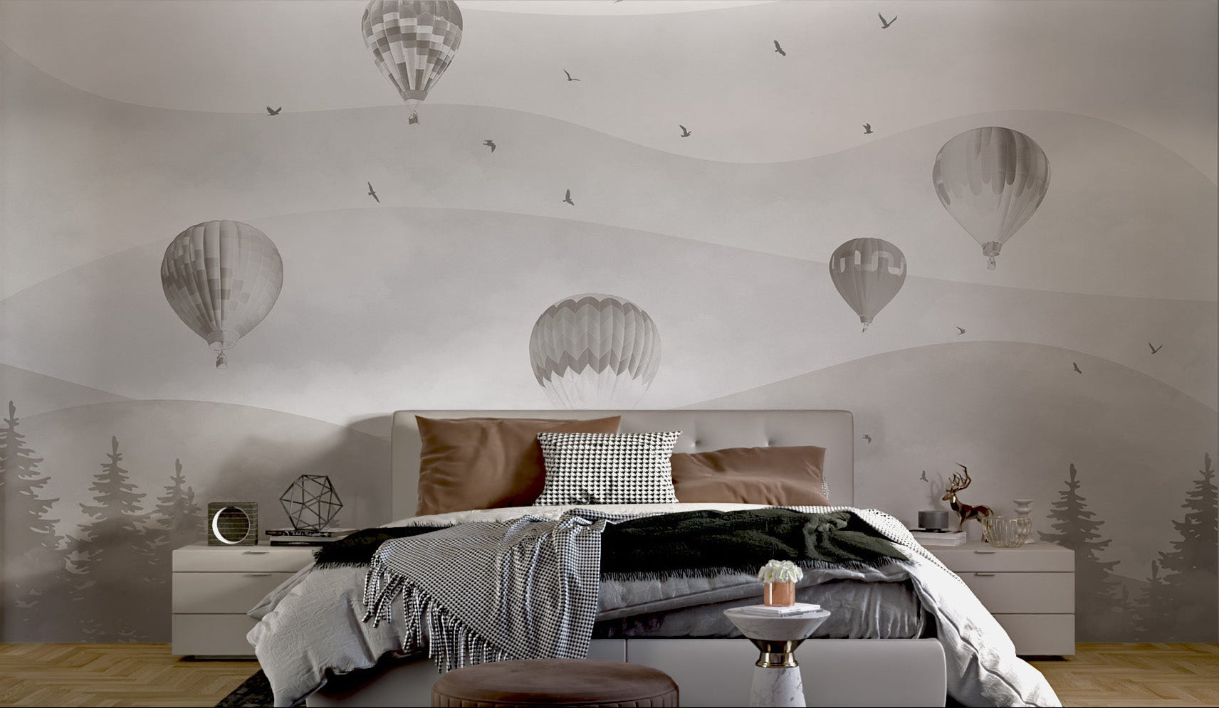 Hot Air Balloons Dusty Brown Forest Wall Mural for bedroom.