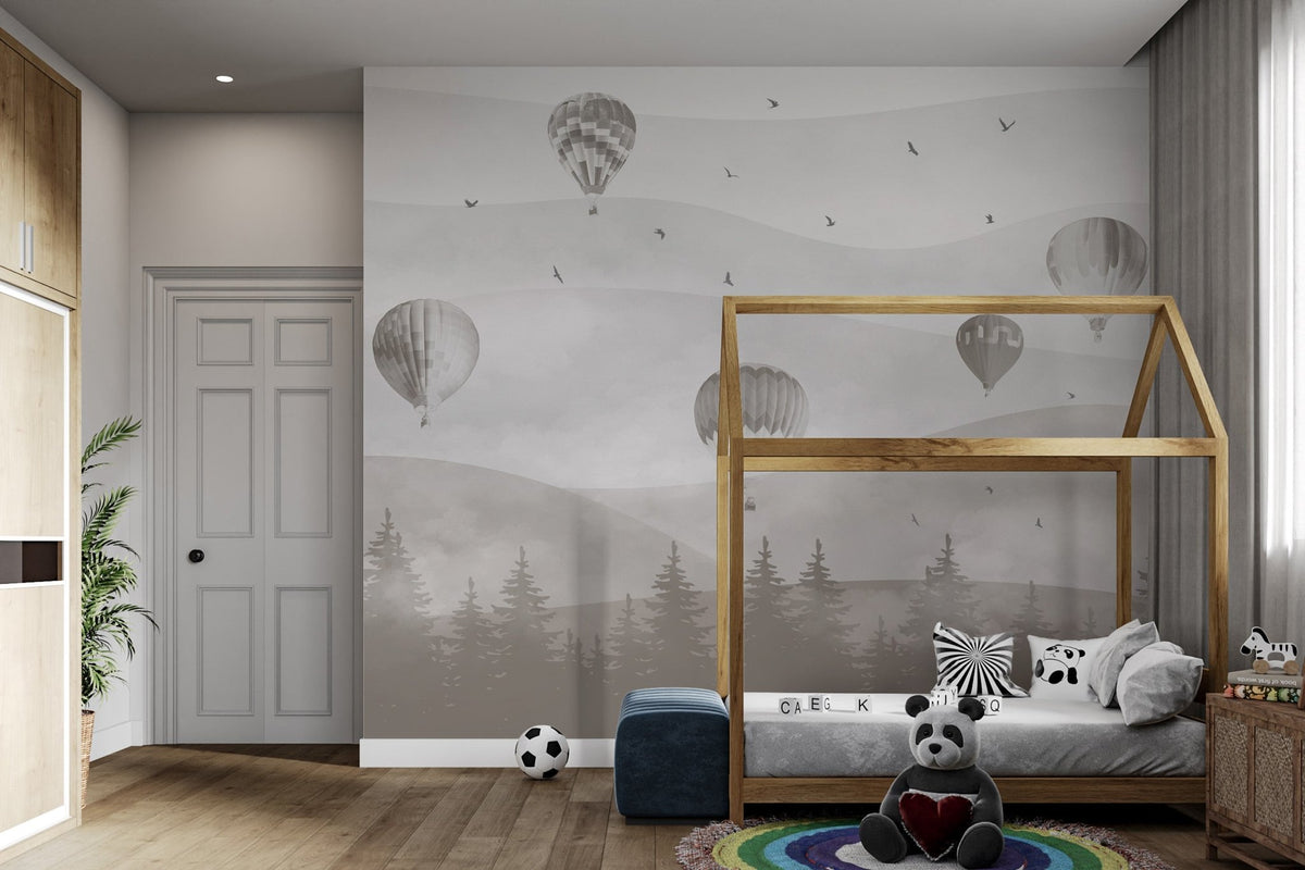 Dusty brown hot air balloon wall mural for a child playing area.