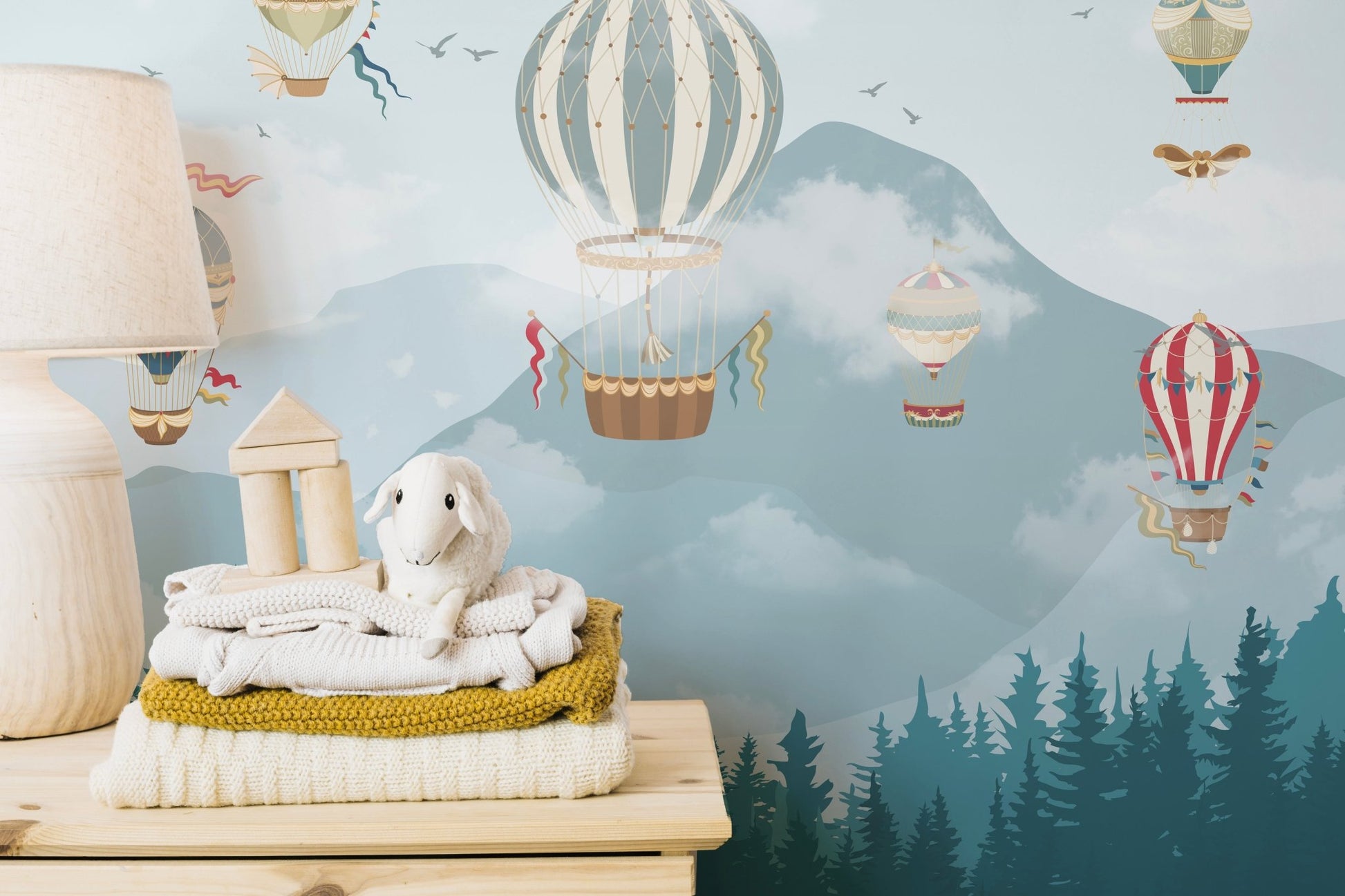 Hot Air Balloons Sky Scene Wall Mural for Kids room.