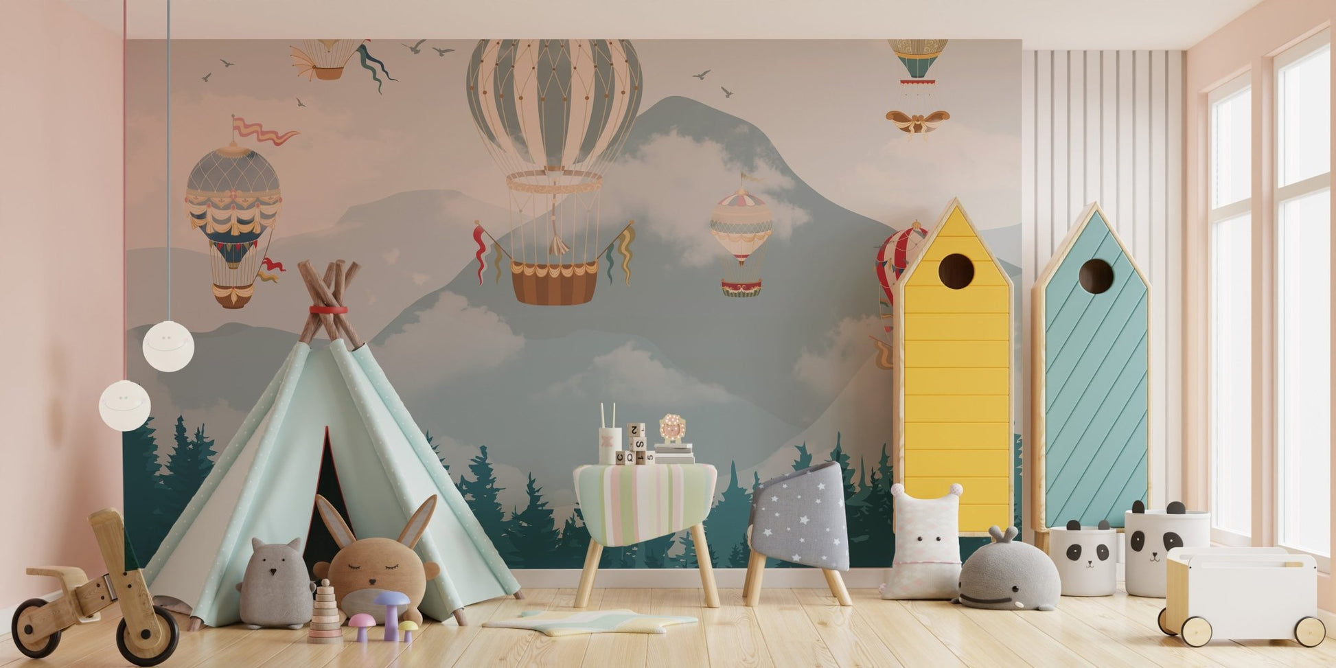 Colorful Hot Air Balloons Wall Mural for Children's play area.