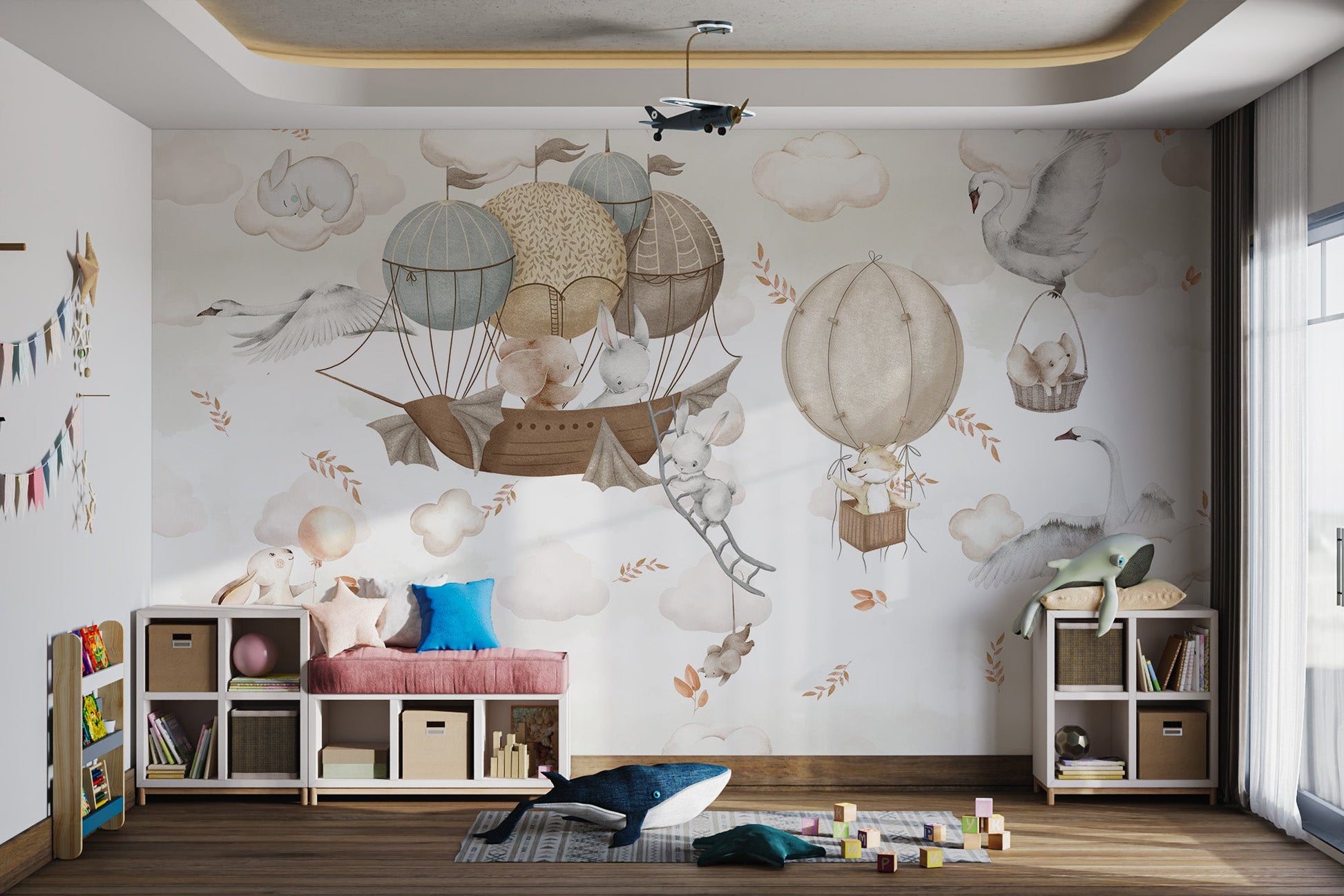 Hot Air Balloons Wall Mural with elephant in wicker baskets for playroom.
