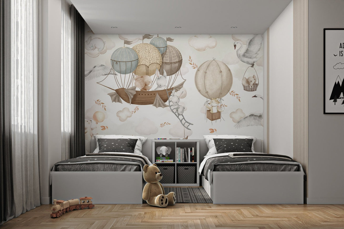 Floating ships and balloons mural with adorable animals in twin bedroom.