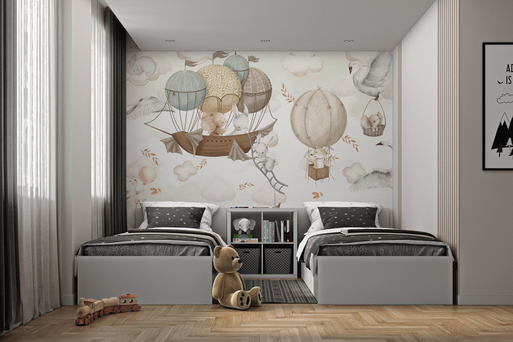 Floating ships and balloons mural with adorable animals in twin bedroom.