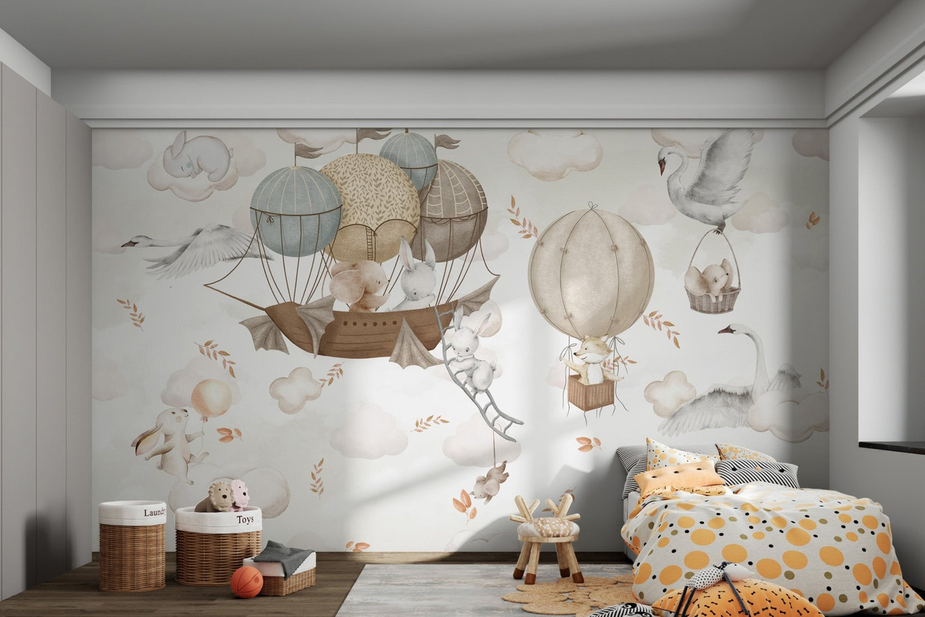 Whimsical hot air balloons with animals flying among clouds and swans.