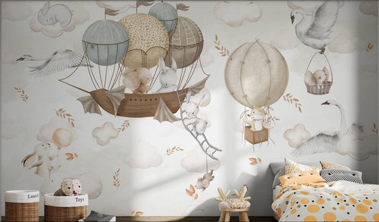 Hot Air Balloons Wall Mural featuring animals and cream clouds for bedroom.
