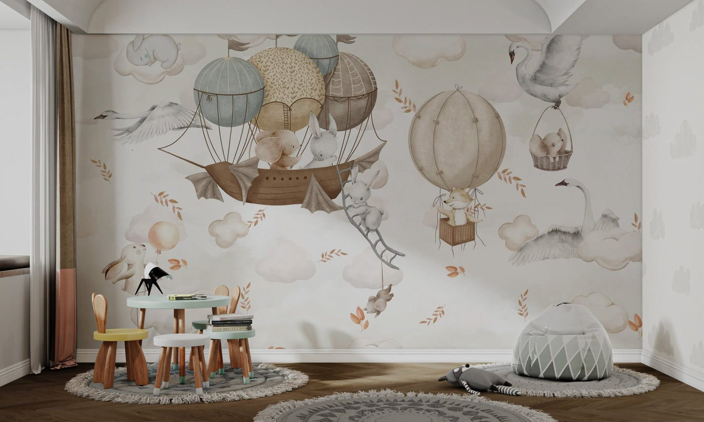 Hand-drawn style wall mural showing swans flying among soft clouds.