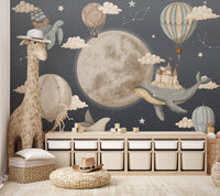 Fantasy mural featuring a whale carrying a castle among clouds and stars.