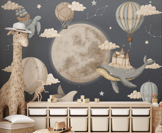 Fantasy mural featuring a whale carrying a castle among clouds.