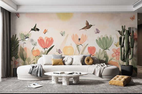 Pastel flower wallpaper mural with illustrated butterflies and hummingbird.