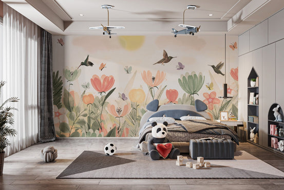Hummingbird haven wallpaper mural with pastel floral garden design.