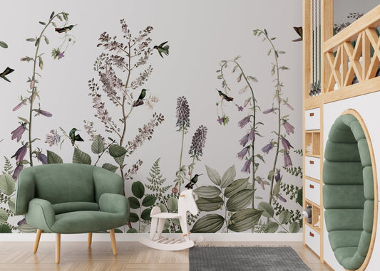 Minimalist floral wallpaper featuring varied leaf textures and small hummingbirds.