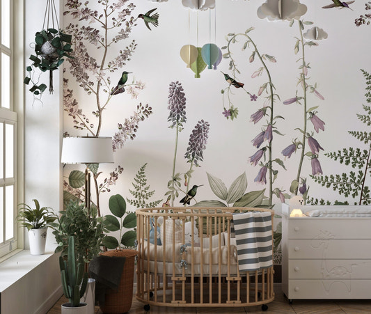 Detailed garden hedge wallpaper featuring birds and purple flowers on a white background.
