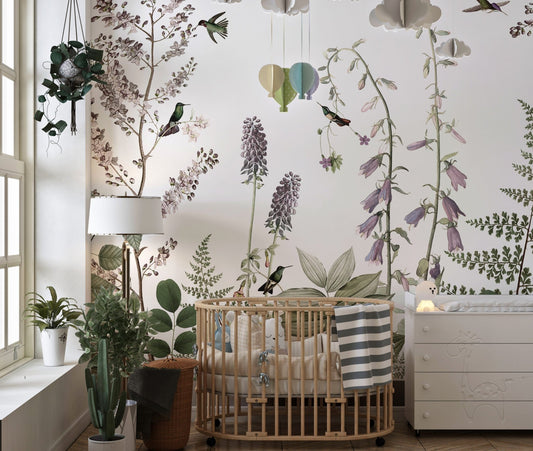 Detailed garden hedge wallpaper featuring birds and purple flowers on a white background.