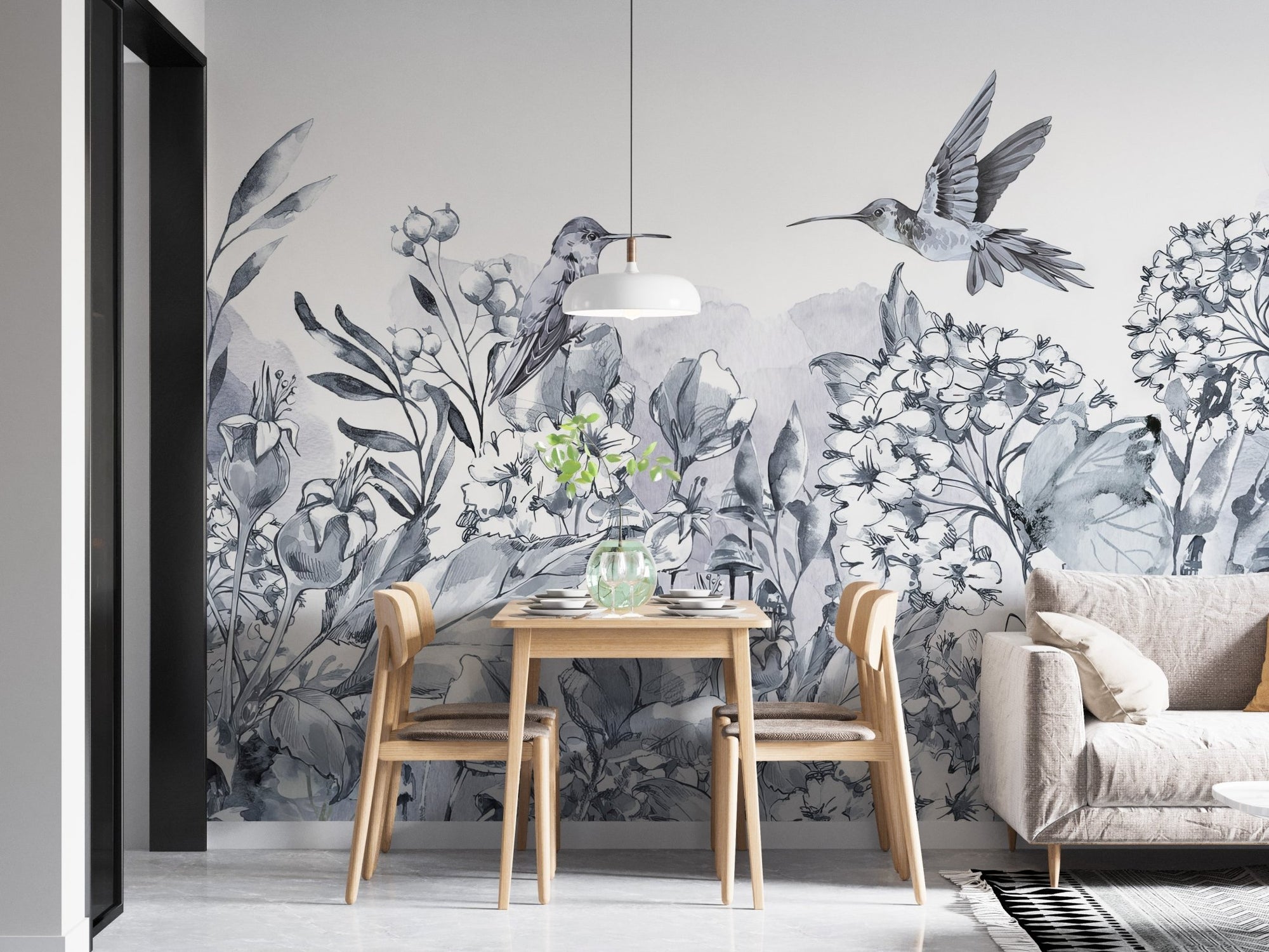 Hummingbirds paradise wall mural in soft gray botanical style.