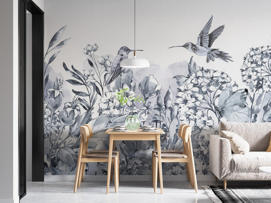 Hummingbirds paradise wall mural in soft gray botanical style.
