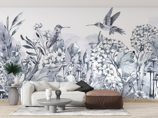 Botanical bloom wall mural with hovering hummingbirds.