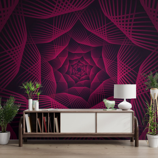 Hypnotic 3D geometric illusion wallpaper with pink spiral pattern.